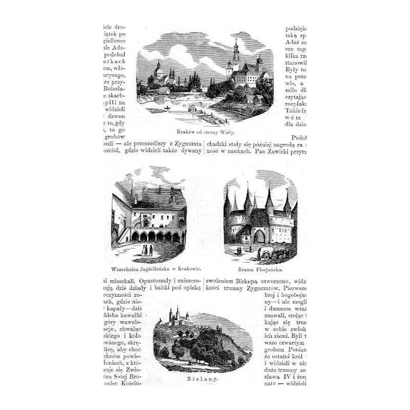 [1] "Kraków od strony Wisły." [2] "Wszechnica Jagiellońska w Krakowie." [3] "Brama Florjańska." [4] "Bielany." [5] "Kościół