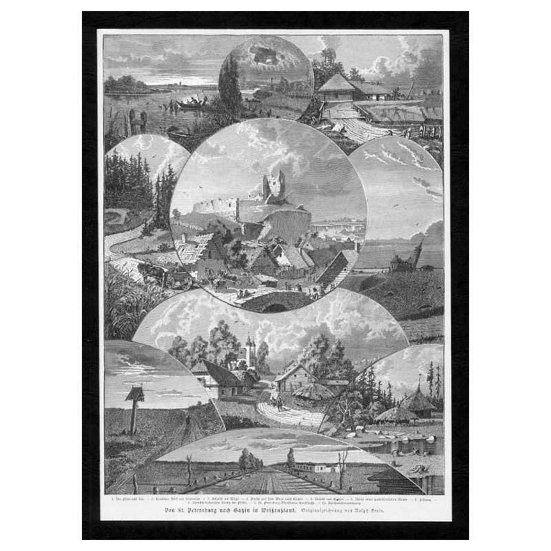 "Von St. Petersburg nach Gatzin in Weissrussland. Orginalzeichnung von Ralph Stein. 1. Der Pildensche See. 2 Lettisches Dorf am