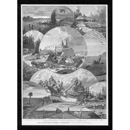 "Von St. Petersburg nach Gatzin in Weissrussland. Orginalzeichnung von Ralph Stein. 1. Der Pildensche See. 2 Lettisches Dorf am