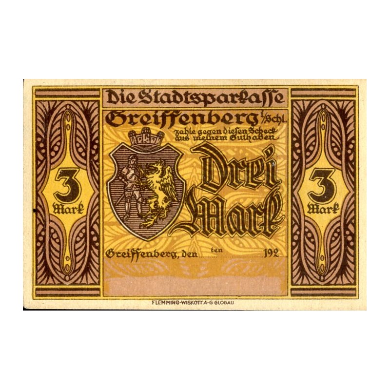 "Die Stadtparkkasse Greiffenberg i/Schl. [...] Drei Mark Greiffenberg, den ten 192 3 Mark" / Rübezahl und der geizige Bäcker"