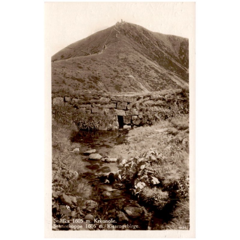 Sněžka 1605 m. Krkonoše. Schneekoppe 1605 m. Riesengebirge. 1101 / Rewers: Diese Karte ist in den Koppenbauden gekauft Heinrich