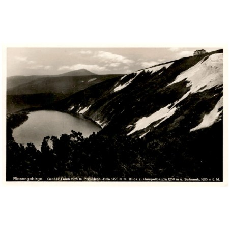 Riesengebirge. Großer Teich 1225 m Prz.-Hrch.-Bde 1423 m Blick z. Hampelbaude 1258 mm u. Schneek. 1605 m ü. M. / Rewers: Der Gro