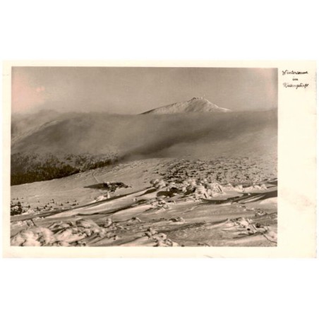 Wintersonne im Riesengebirge / Rewers: Riesengebirge. Die Hampelbaude (1258 m) mit der Schneekoppe (1605 m)