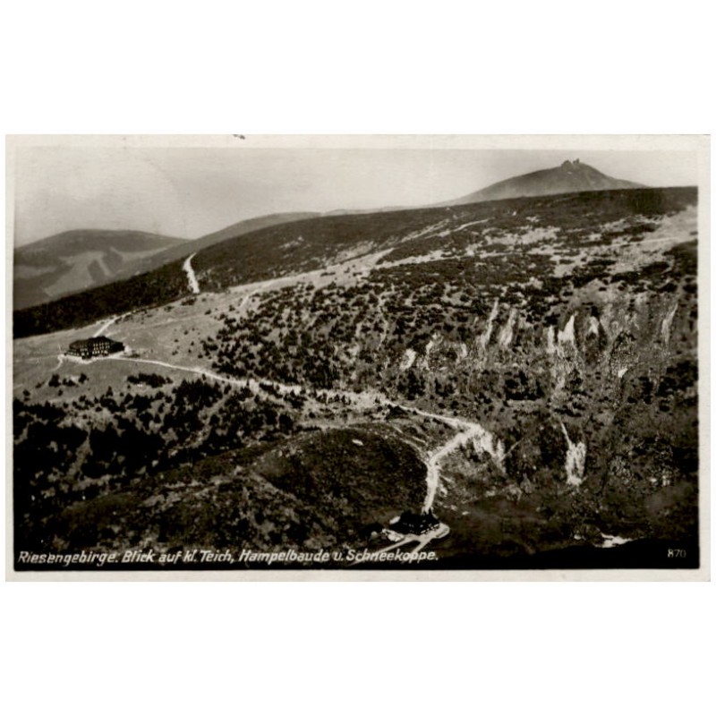 Riesengebirge. Blick auf kl. Teich, Hampelbaude u. Schneekoppe. 870