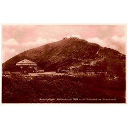 Riesengebirge. Schneekoppe 1605 m, mit Schlesierhaus Riesenbaude. / Rewers: Diese Karte ist in den Koppenhäusern gekauft. Heinri