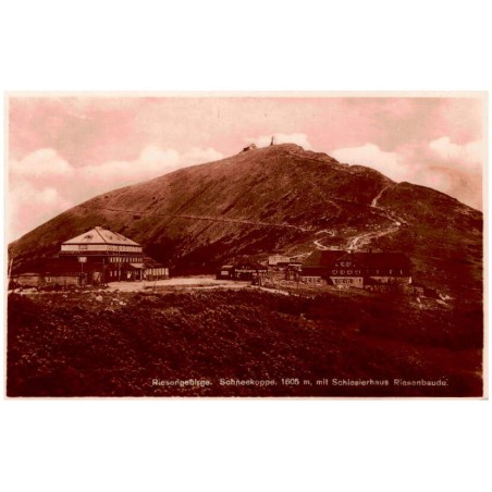 Riesengebirge. Schneekoppe 1605 m, mit Schlesierhaus Riesenbaude. / Rewers: Diese Karte ist in den Koppenhäusern gekauft. Heinri