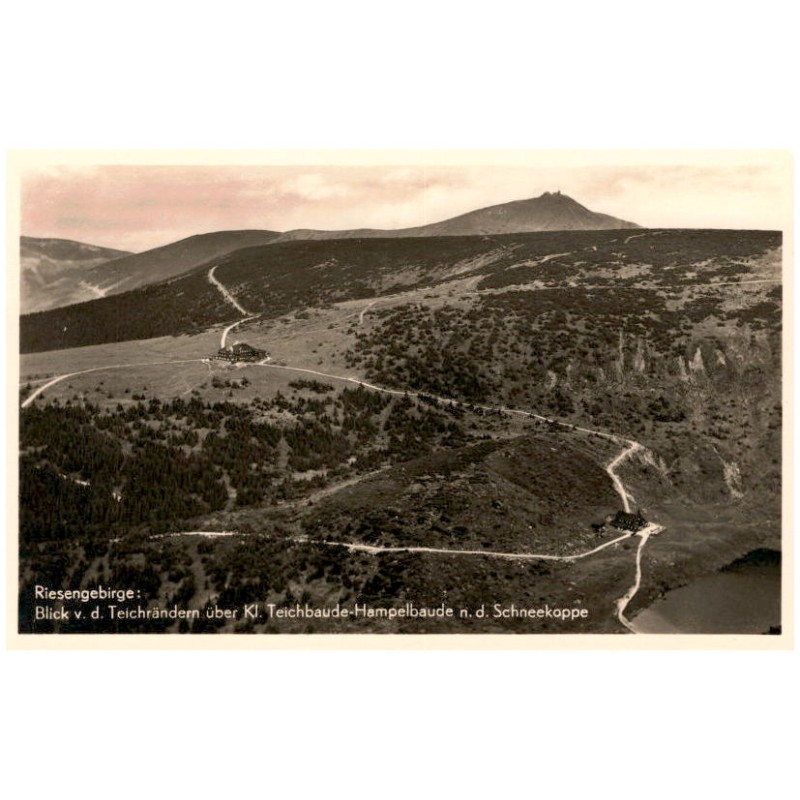 Riesengebirge: Blick v. d. Teichrändern über Kl. Teichbaude-Hampelbaude n. d. Schneekoppe