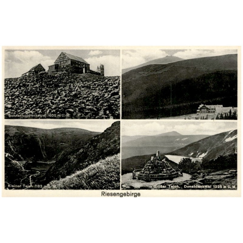 Riesengebirge. Schneekoppenkegel 1605 m ü. M. Kleiner Teich 1183 m ü. M. Großer Teich. Donatdenkmal 1225 m ü. M.