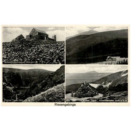 Riesengebirge. Schneekoppenkegel 1605 m ü. M. Kleiner Teich 1183 m ü. M. Großer Teich. Donatdenkmal 1225 m ü. M.