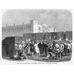 "Ankunst eine Abtheilung Gardekürassiere auf dem Oberschlesischen Bahnhofe in Breslau. Nach einer Zeichnung von M. Koska."