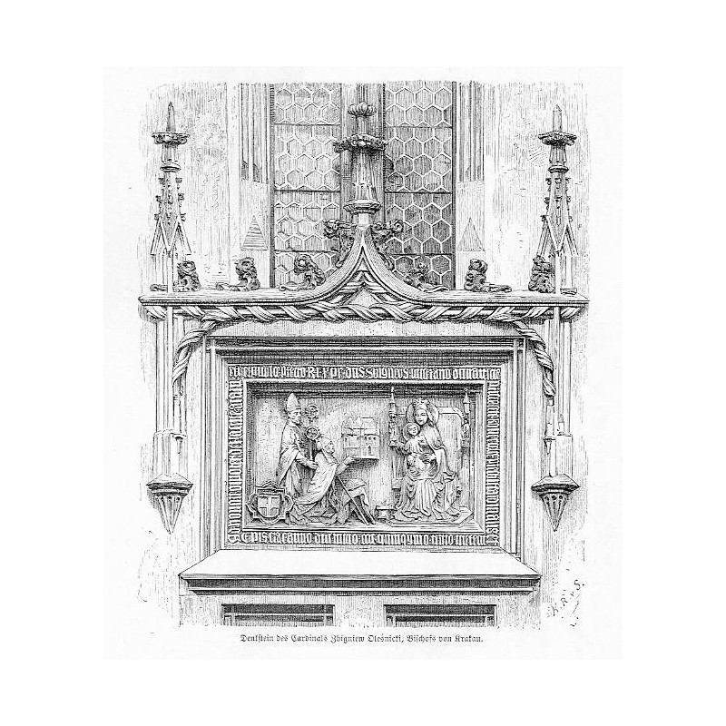 "Denkstein des Cardinals Zbigniew Oleśnicki, Bischofs von Krakau. / Steinrelief im Hofe der Jagiellonischen Bibliothek zu Krakau