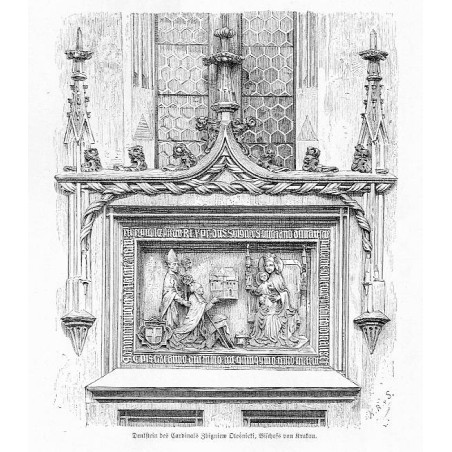 "Denkstein des Cardinals Zbigniew Oleśnicki, Bischofs von Krakau. / Steinrelief im Hofe der Jagiellonischen Bibliothek zu Krakau