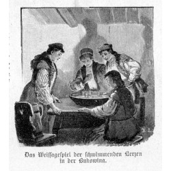 Zwyczaje bożonarodzeniowe na Bukowinie / [1] "Das Weissagespiel der schwimmenden Kerzen in der Bukowina." [2] "Bleigießen." [3
