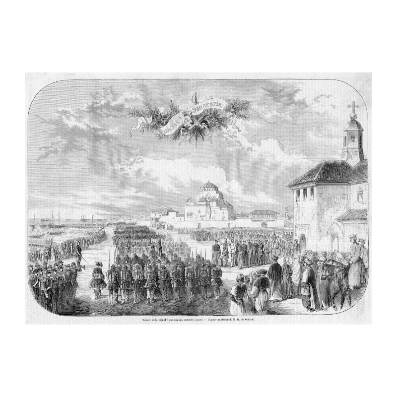 "Remise de la ville d'Eupatoria aux autorités russes. - D'aprés un dessin de M. H. de Montaut."