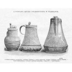 "1) Dzban miedziany z przykrywą, z napisami i herbami, - wyrób augsburski. 2) Dzban miedziany z herbem Gdańska, - wyrób średniow