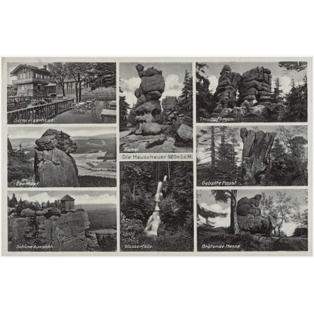 Die Heuscheuer. 920 m ü. D. M. Schweizerhaus. Eberkopf. Schöne Aussicht. Kamel. Wasserfälle. Triumpfbogen. Geballte Faust. Brüte