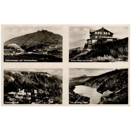 Schneekoppe mit Schlesierhaus. Prinz-Heinrich-Baude. Hampelbaude. Am großen Teich / Rewers: Riesengebirge