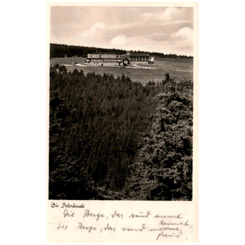 Die Peterbaude / Rewers: Riesengebirge. Fernblick vom Spindlerpaß nach der Peterbaude (1288 m).