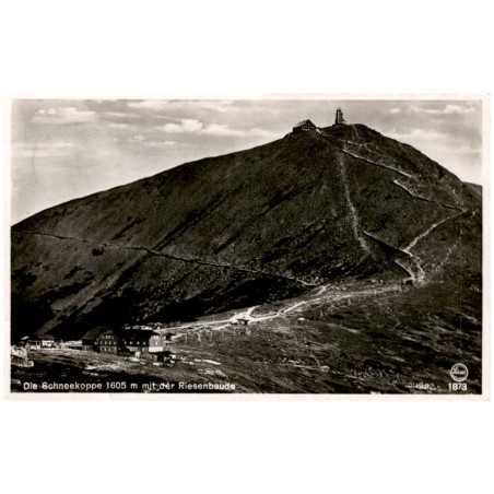Die Schneekoppe 1605 m mit der Riesenbaude Silesia 1873 / Rewers: Riesengebirge. Die Schneekoppe (1605 m) mit der Riesenbaude