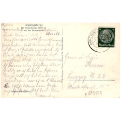 Die Schneekoppe 1605 m mit der Riesenbaude Silesia 1873 / Rewers: Riesengebirge. Die Schneekoppe (1605 m) mit der Riesenbaude