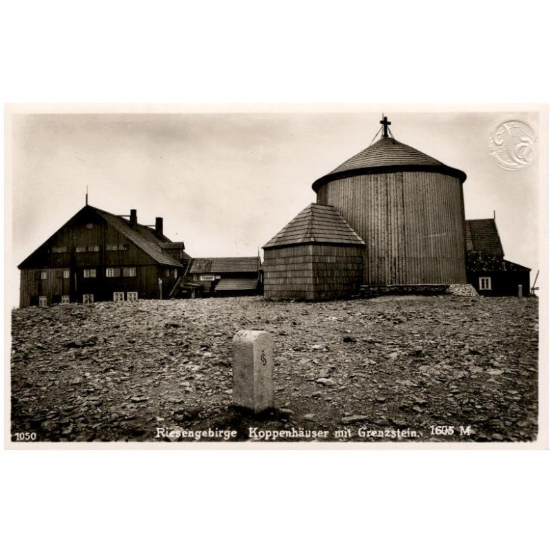 1050. Riesengebirge. Koppenhäuser mit Grenzstein. 1605 M / Rewers: Nur auf der Koppe hohen Warte [...]