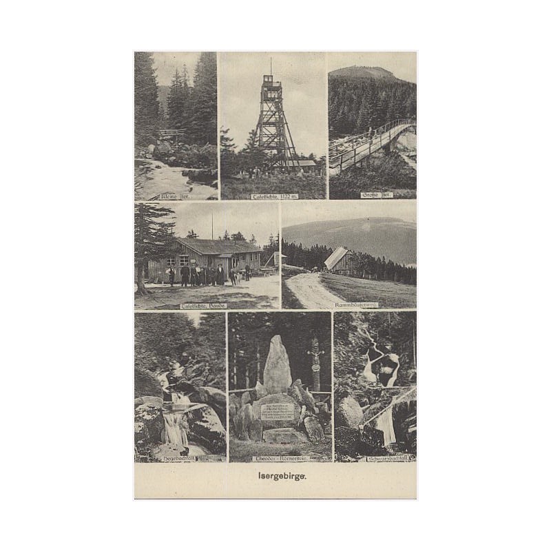 Isergebirge. Kleine Iser. Tafelfichte, 1122 m. Grosse Iser. Tafelfichte, Baude. Kammhäuserweg. Hegebachfall. Theodor - Körnerste