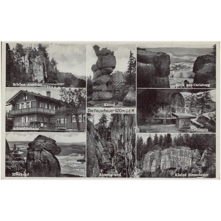 Die Heuscheuer. 920 m ü. D. M. Schöne Aussicht. Schweizerhaus. Eberkopf. Kamel. Riesengrund. Blick auf Carlsberg. Tafelstein. Kl