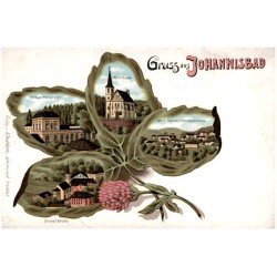 Gruss aus der Johannisbad. Kurhaus Restaurant. Kath. Kirche. 660 m. Totalansicht v. Johannisbad. Evangl. Kirche.