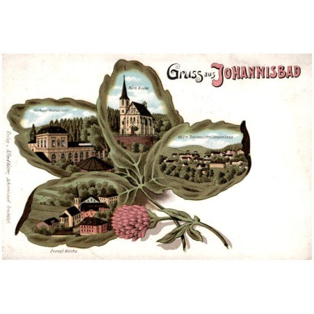 Gruss aus der Johannisbad. Kurhaus Restaurant. Kath. Kirche. 660 m. Totalansicht v. Johannisbad. Evangl. Kirche.