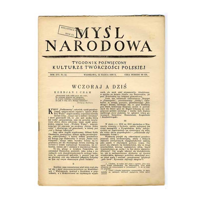Myśl Narodowa. Tygodnik poświęcony kulturze twórczości polskiej. R.16 (1936). Nr 12 (22 marca 1936)
