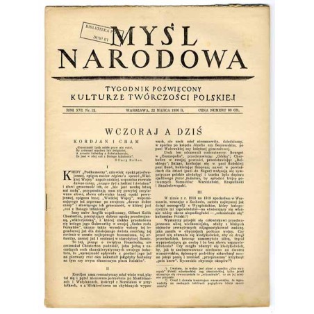 Myśl Narodowa. Tygodnik poświęcony kulturze twórczości polskiej. R.16 (1936). Nr 12 (22 marca 1936)