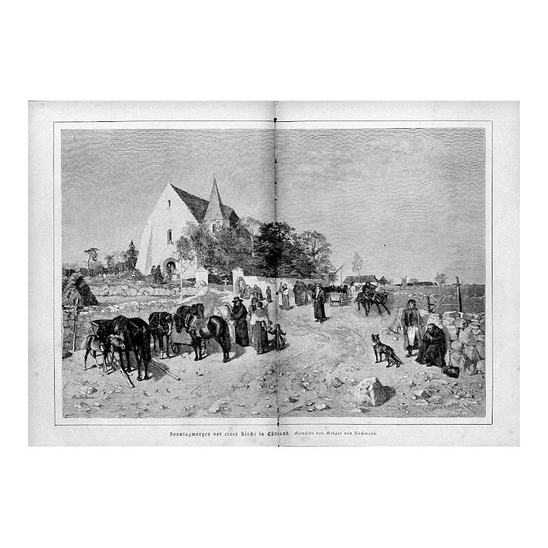 "Sonntagmorgen vor einer Kirche in Esthland. Gemälde von Gregor von Bochmann."