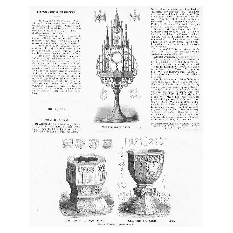 1) "Monstrancya w Łącku." 2) "Chrzcielnica w Starym Sączu." 3) "Chrzcielnica w Łącku. (1146) Rysował W. Gerson. [...]"