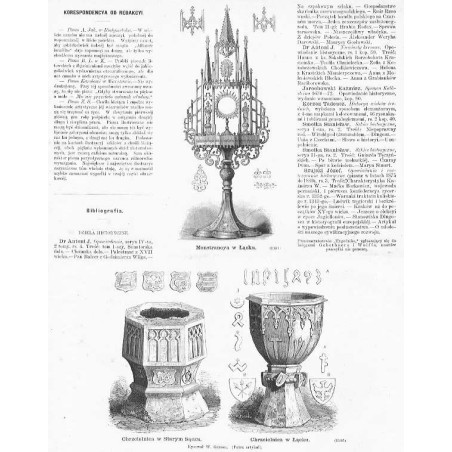 1) "Monstrancya w Łącku." 2) "Chrzcielnica w Starym Sączu." 3) "Chrzcielnica w Łącku. (1146) Rysował W. Gerson. [...]"