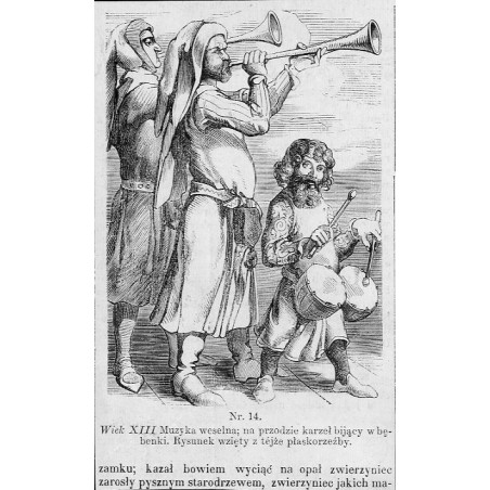 "Nr. 14. Wiek XIII Muzyka weselna na przodzie karzeł bijący w bębenki. Rysunek wzięty z téjże płaskorzeźby."
