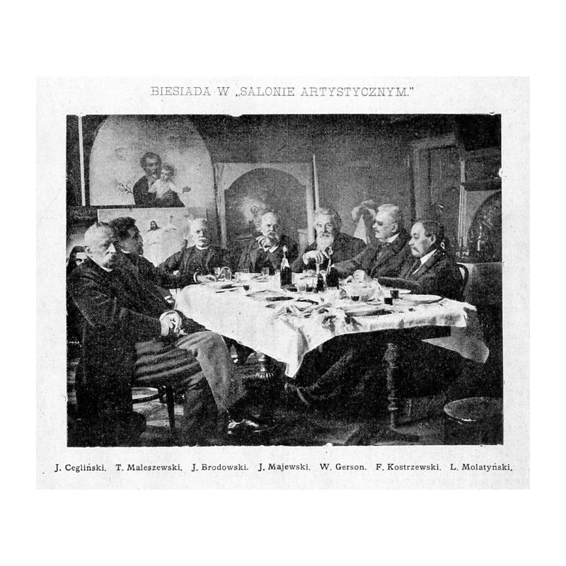 Biesiada w Salonie Artystycznym: J. Cegliński, T. Maleszewski, J. Brodowski, J. Majewski, W. Gerson, F. Kostrzewski, L. Molatyńs