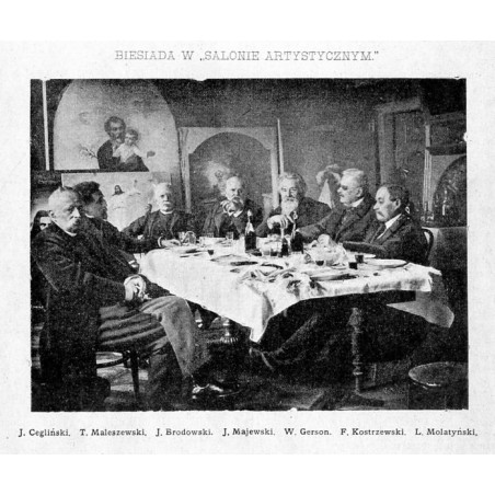 Biesiada w Salonie Artystycznym: J. Cegliński, T. Maleszewski, J. Brodowski, J. Majewski, W. Gerson, F. Kostrzewski, L. Molatyńs