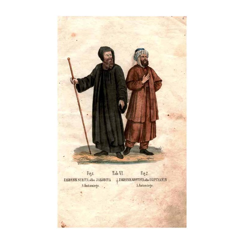 "Tab: VI. Fig: 1. ZAKONNIK SURITA albo JAKOBITA S. Antoniego. Fig 2. ZAKONNIK KOPTISTA albo EGIPCYANIN S. Antoniego."