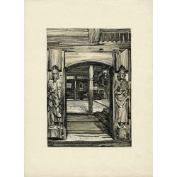 Tabl. 21. Dębowe odrzwia oraz wnętrze kościółka w Łagiewnikach Wielkich, pow. lubliniecki, z końca wieku XVI. / "TABL. 21. DĘBOW