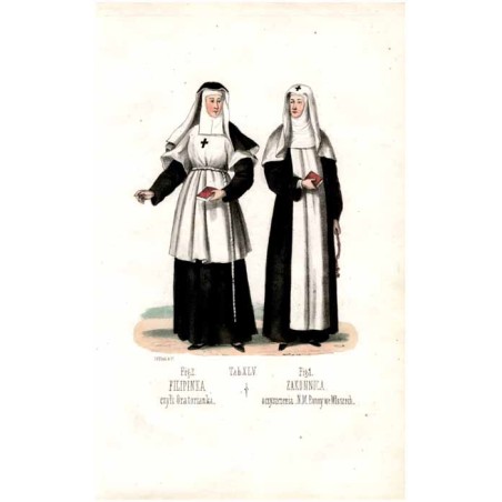 "Tab: XLV. Fig: 1. ZAKONNICA. oczyszczenia. N. M. Panny we Włoszech. Fig: 2. FILIPINKA czyli Oratorianka."