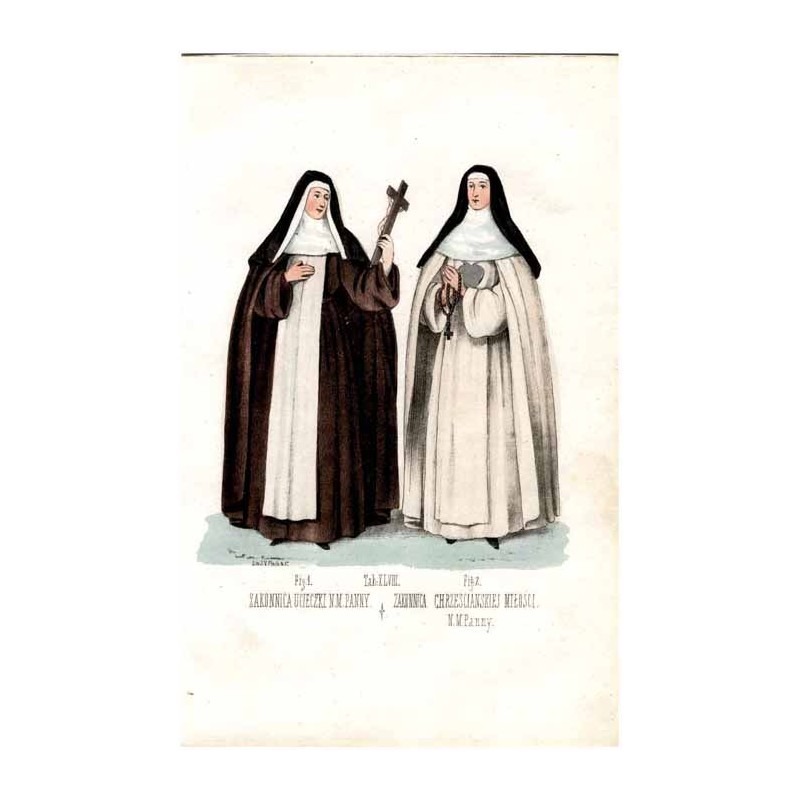 "Tab: XLVIII. Fig: 1. ZAKONNICA UCIECZKI N. M. PANNY. Fig: 2. ZAKONNICA CHRZESCIANSKIEJ MIŁOŚCI. N. M. Panny."