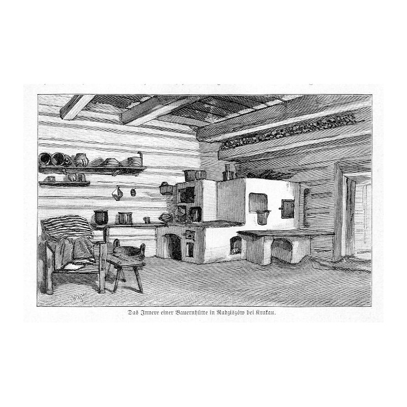 "Das Innere einer Bauernhütte in Radziszów bei Krakau."
