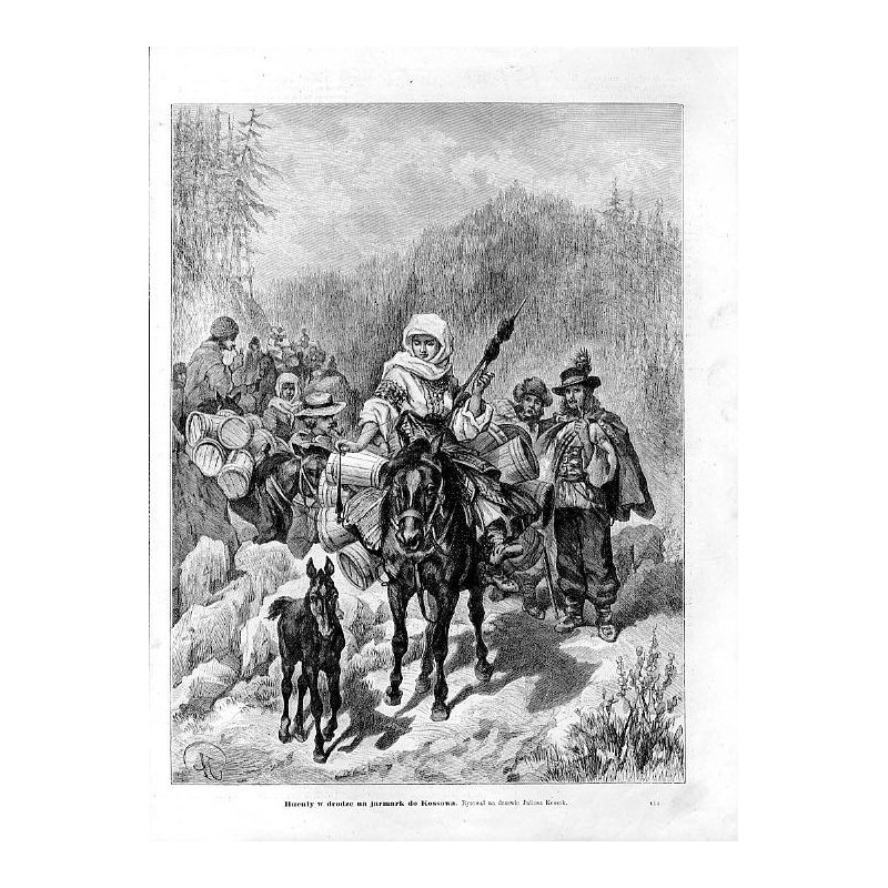 "Hucuły w drodze na jarmark do Kossowa. Rysował na drzewie Juliusz Kossak. 614"
