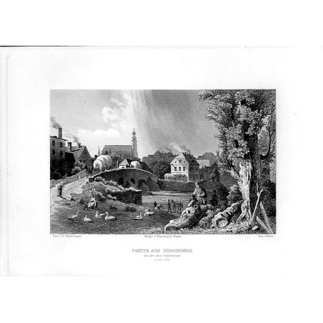 Partie aus Hirschberg mit der alten Boberbrücke im Jahr 1866 / "PARTIE AUS HIRSCHBERG mit der alten Boberbrücke im Jahr 1866."