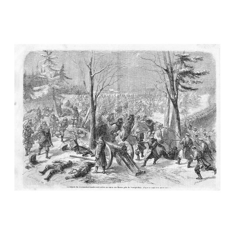"La brigade du commandant Lambrowski enléve un canon aux Russes prés de Nowogrodeck (D'apres le croquis de M. Auclair (Carauli)"