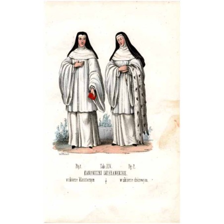 "Tab: XIV. KANONICZKI LATERANENSKIE. Fig: 1. w ubiorze klasztornym Fig: 2. w ubiorze chórowym.