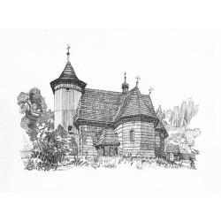 Tabl. 27. Kościół w Boronowie, pow. lubliniecki, z pierwszej połowy XVII wieku. Ośmioboczna wieża od dołu zbudowana w "wieńcówkę