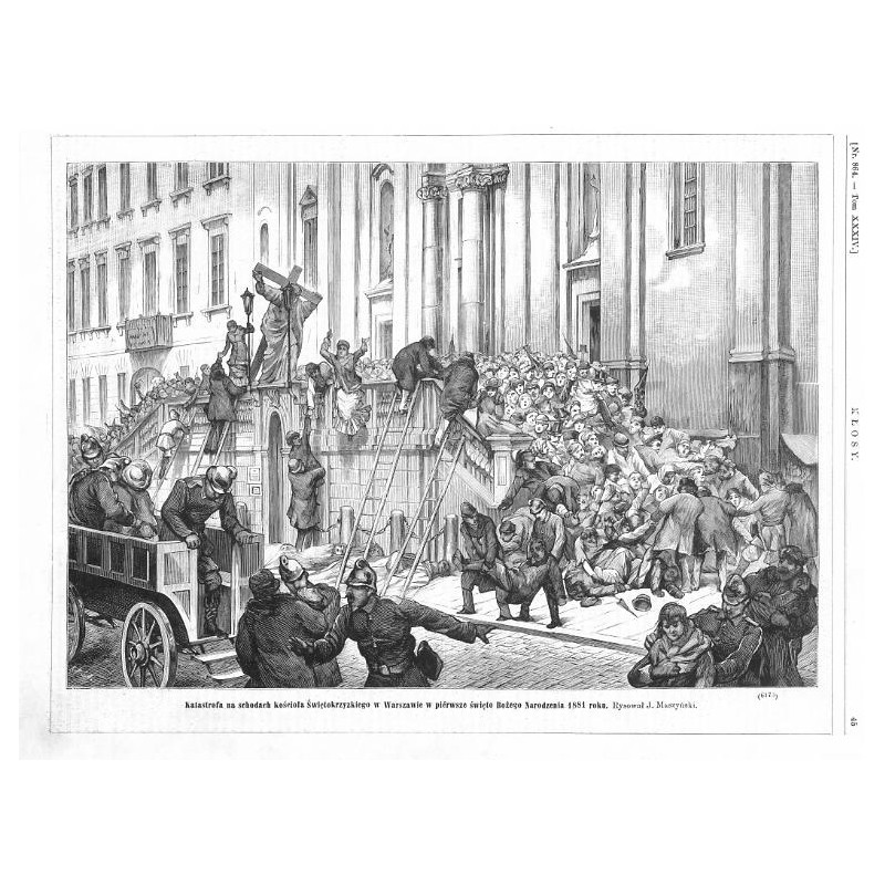 "Katastrofa na schodach kościoła Świętokrzyzkiego w Warszawie w piérwsze święto Bożego Narodzenia 1881 roku. Rysował J. Maszyńsk