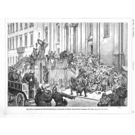 "Katastrofa na schodach kościoła Świętokrzyzkiego w Warszawie w piérwsze święto Bożego Narodzenia 1881 roku. Rysował J. Maszyńsk