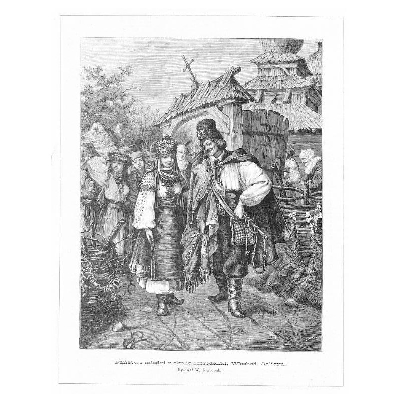 "Państwo młodzi z okolic Horodenki, Wschod. Galicya. Rysował W. Grabowski."